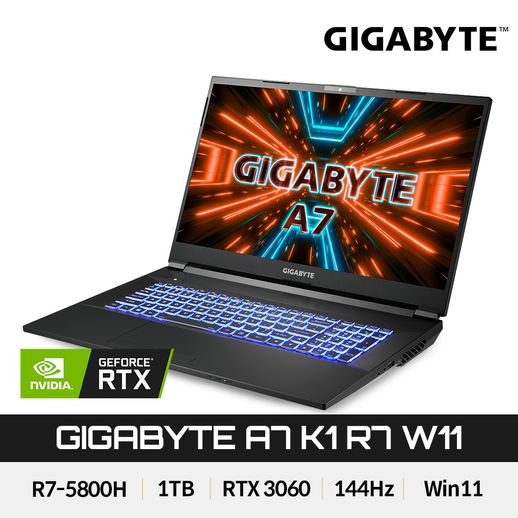 기가바이트 A7 K1 R7 W11 라이젠 R7-5800H/16GB/NVMe 1TB/RTX3060/sRGB 100% 300nit 144Hz 게이밍 노트북 - NS홈쇼핑