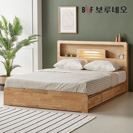[착불]엔느Po LED 3서랍 수납 원목 침대 프레임 Q - NS홈쇼핑