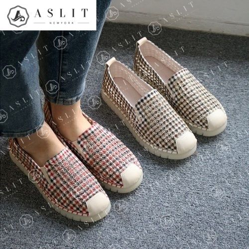 [애슬릿] 패브릭 망사 체크 패턴 여성 슬립온 스니커즈