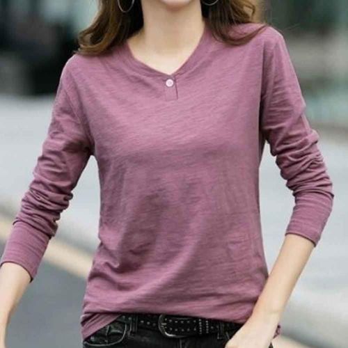 여름 긴팔 여성 단추 롱 티셔츠 U넥 면 무지티 [WEE8FFD]