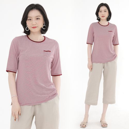 애비뉴투지 엄마옷 고퀄리티 린넨 쁘띠포켓 스트라이프 5부 티셔츠 A07135
