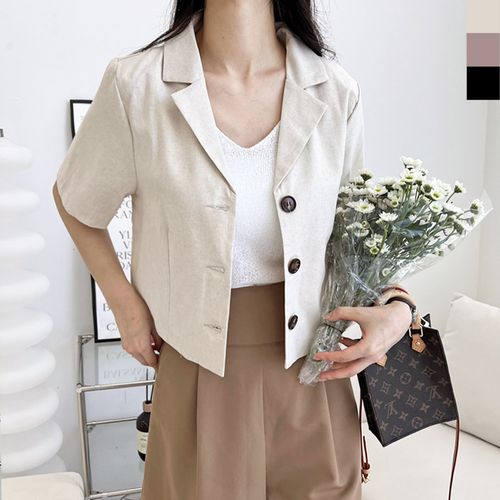 블레오 여성 여름 린넨 크롭 단추 예쁜 데일리 반팔 자켓