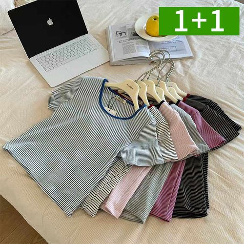 2개세트 여성 데일리 스트라이프 라운드넥 배색 반팔티 캐주얼 반팔 여름 티셔츠