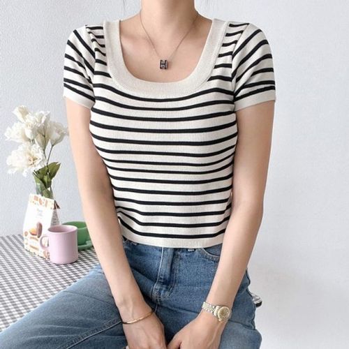 크롭 티셔츠 반팔티 니트 여성티셔츠 여름티셔츠 여름 [WD8AA15]