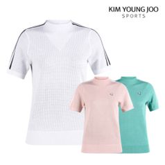 여성 봄 여름 골프웨어 메쉬 라인 배색 반팔 티셔츠