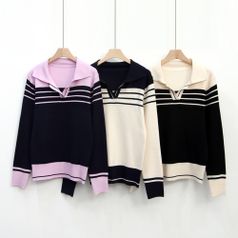 여성 3단 줄무늬 배색 V넥 카라 니트 티셔츠 BDR-WKN-2135-아이보리