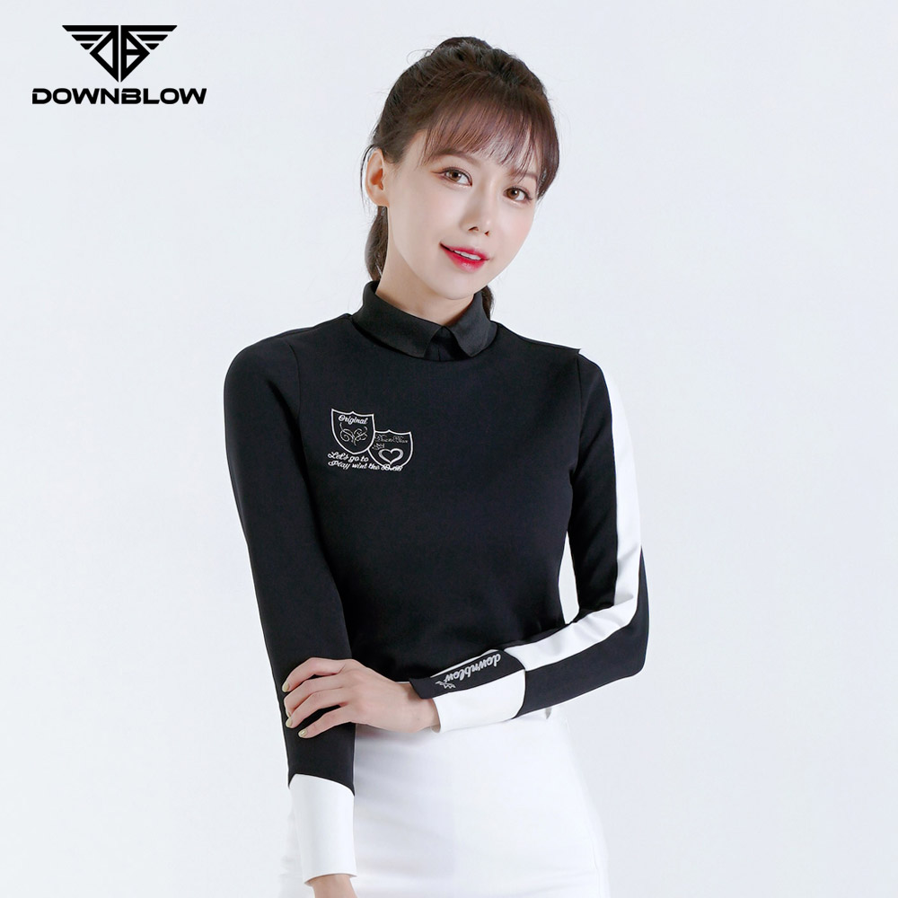 다운블로우 여성 봄 가을 골프웨어 골프 카라 배색 긴팔 티셔츠