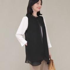 애비뉴투지 엄마옷 셔링넥 이중 쉬폰 주머니 봄 여름 롱 정장 조끼 V04419