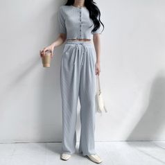네쥬 여성 봄 여름 크롭 반팔 가디건 밴딩 팬츠 세트