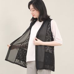 애비뉴투지 엄마옷 쉬폰 레이스 브이 단추 오픈 여성 여름 하프 조끼 V05440