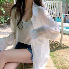 로리에 여성 시스루 셔츠 남방 루즈핏 썸머 긴팔 롱 블라우스 여름 간절기