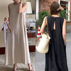 린넨라이크 백버튼 포인트 민소매 투페이스 롱원피스