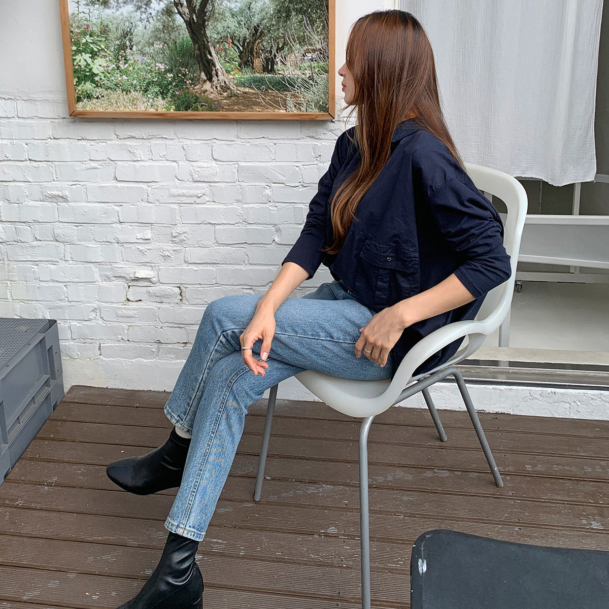 네쥬 여성 가을 기본 오버핏 카라 데일리 긴팔 티셔츠