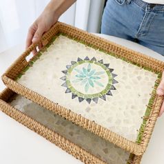 수제 천연재료 자개 사각 라탄 트레이 대형 중형 사이즈 베트남 완제품