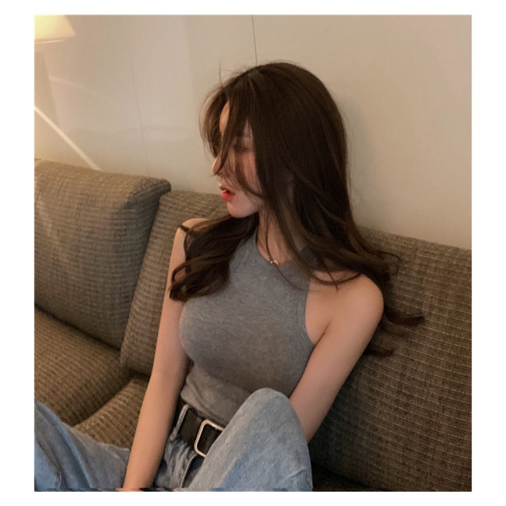 여성 무지 홀터넥 골지 민소매 여자 망고나시 [WE54BAF]