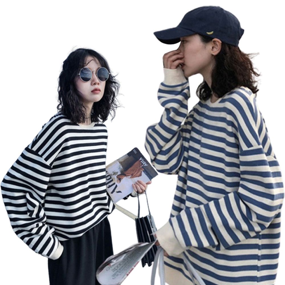 여성 2색 프리사이즈 루즈핏 스트라이프 맨투맨 티 [W9C570A]