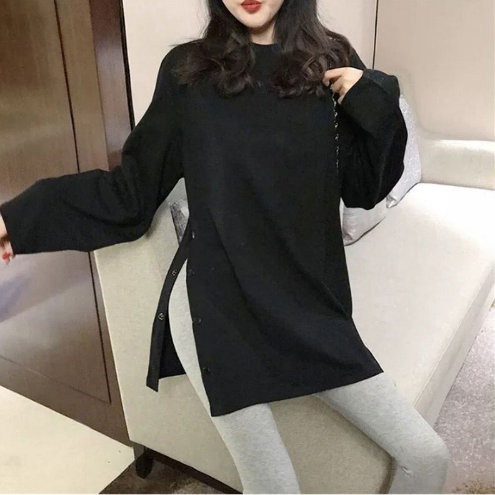 여자 상의 단추 옆라인 포인트 무지 롱티셔츠 루즈핏 [W93164C]