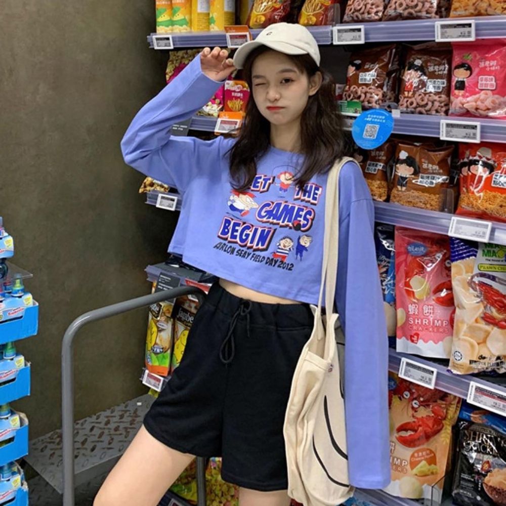 여자 상의 긴팔 캐릭터 크롭 티셔츠 패션코디 [W93406D]