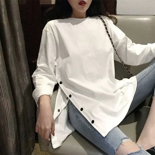 힙선가려주는 옆라인 양옆트임 단추포인트 롱티셔츠 [WBA8524]