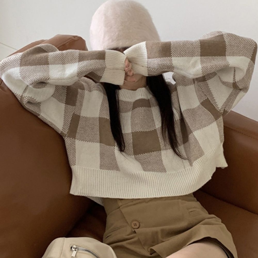 베이직 여성 티셔츠 체크패턴 크롭티 여자 긴팔티 [WD36F09]