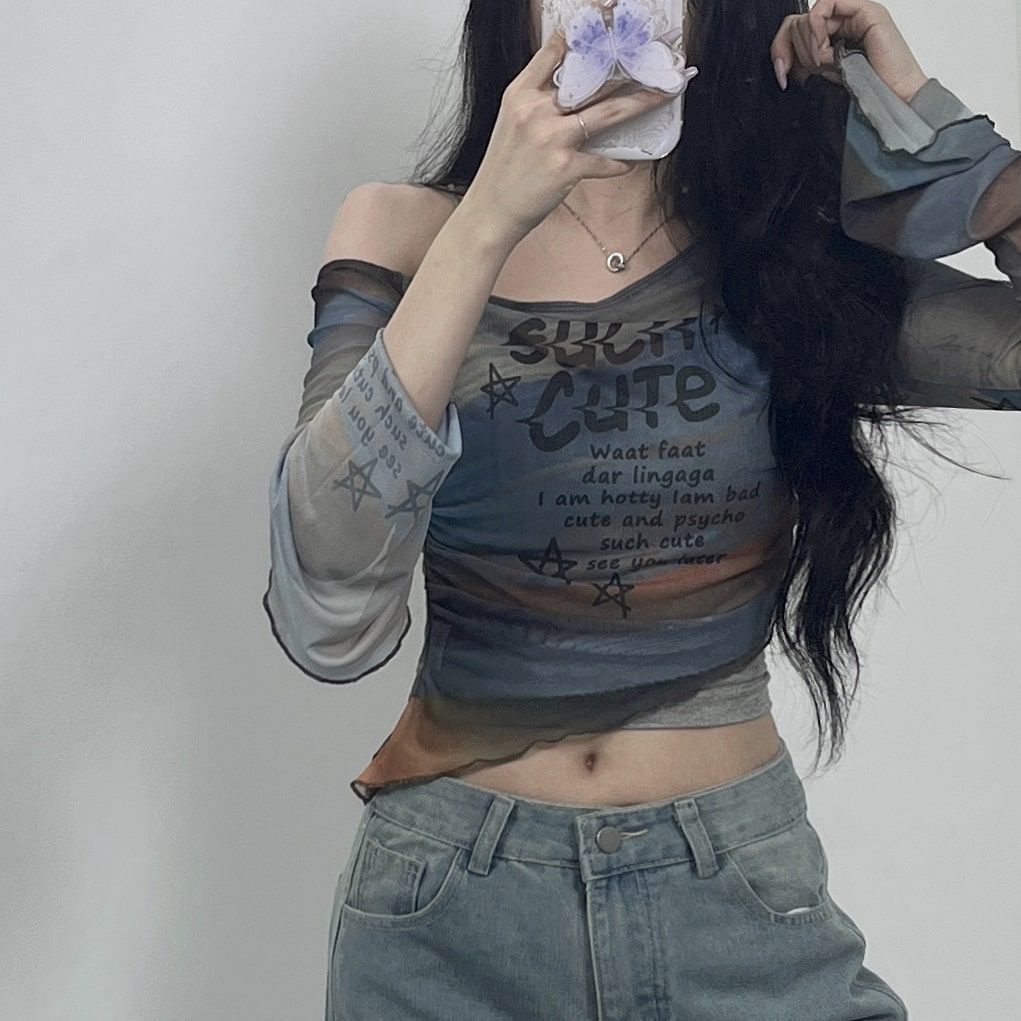 그래피티 메쉬 시스루 오프숄더 언발 크롭티 [WD88253]