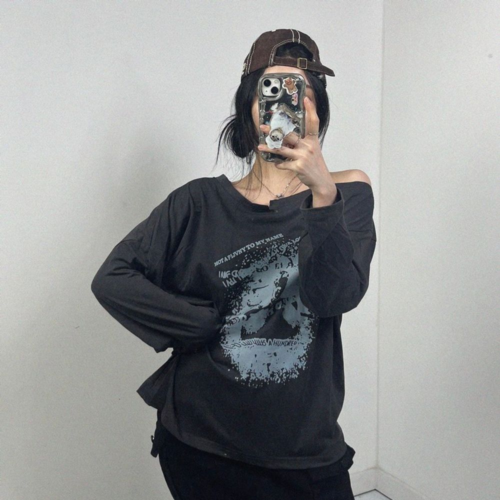 언발오프숄더 골드체인 빈티지 루즈핏 긴팔티 2SIZE [WD89E57]