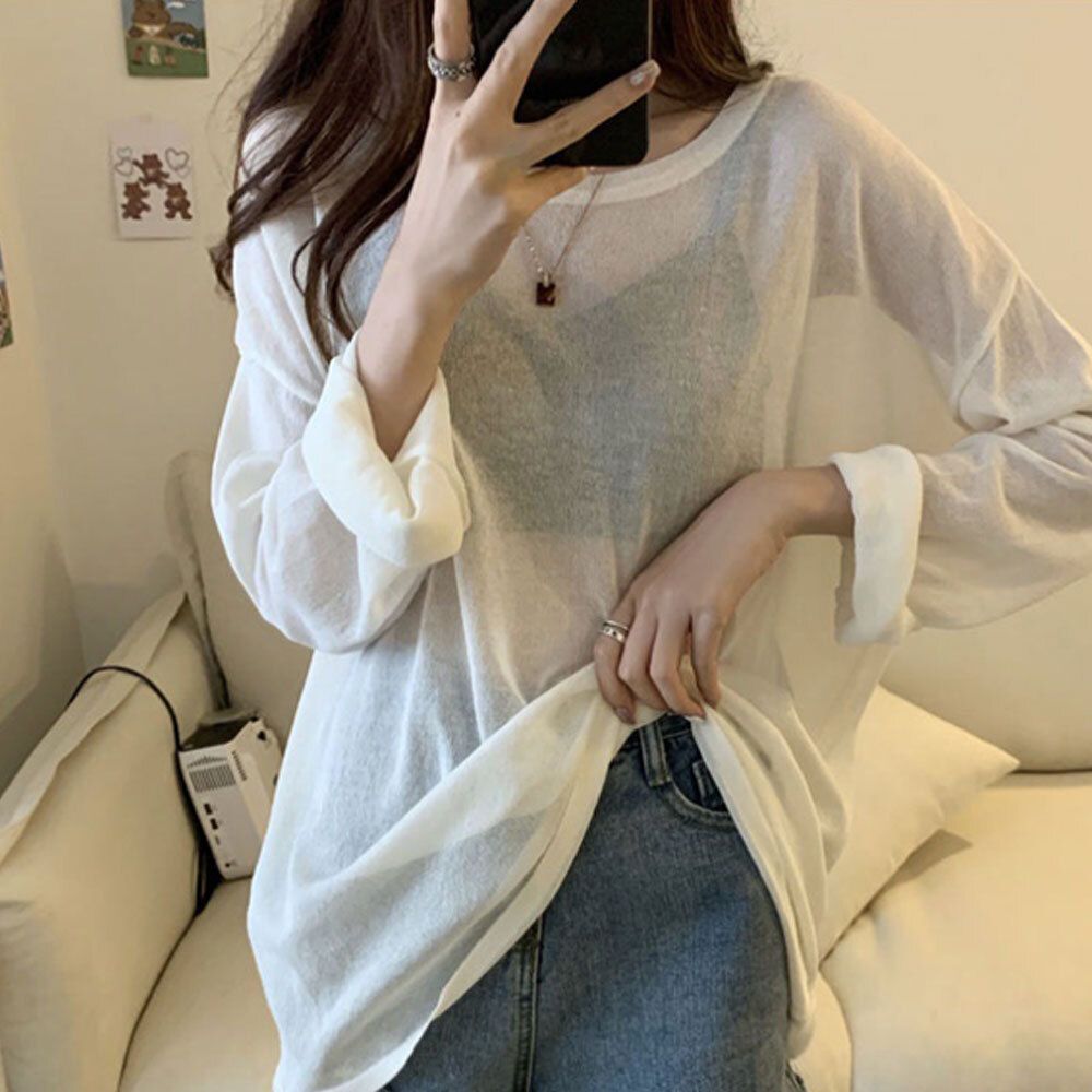 여성 패션 루즈핏 여름 시스루 긴팔 데일리 티셔츠 [WBFFC82]