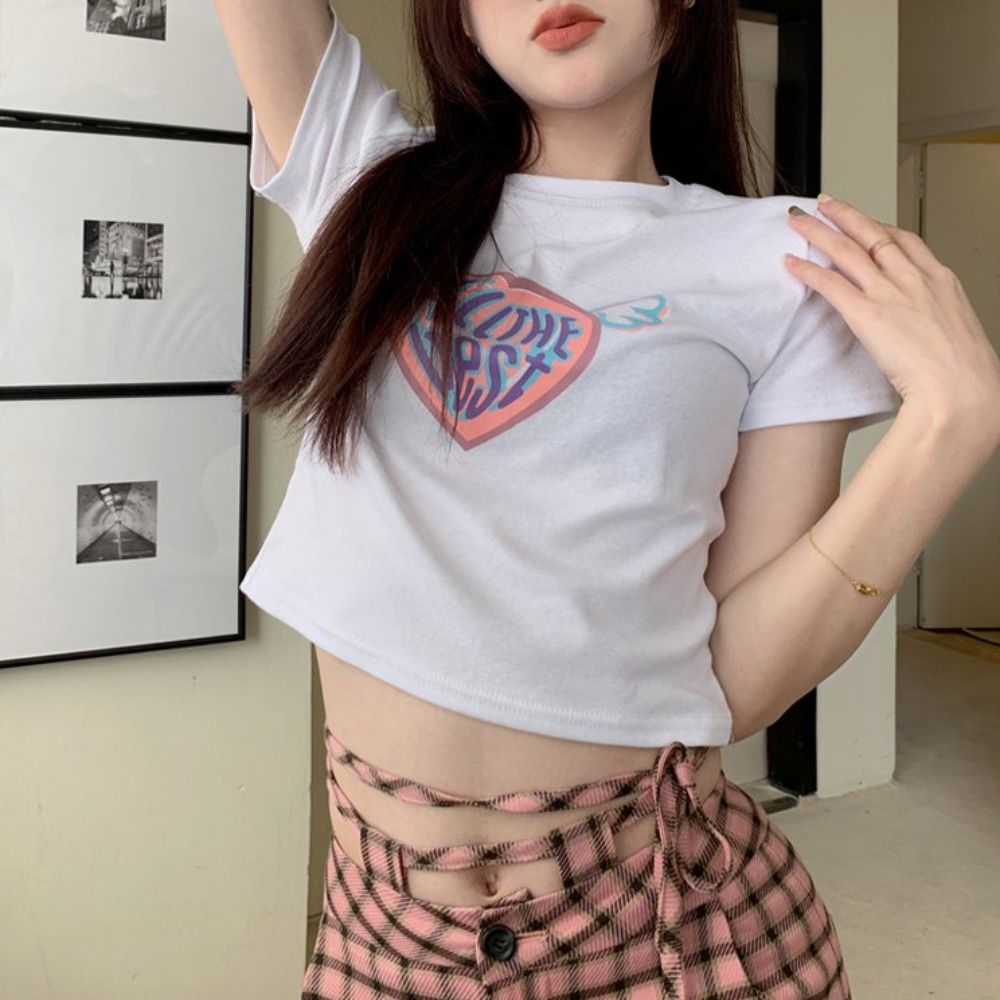 여성 반팔 하트 날개 크롭티 배꼽티 여름 반팔티 [WD9CF7F]