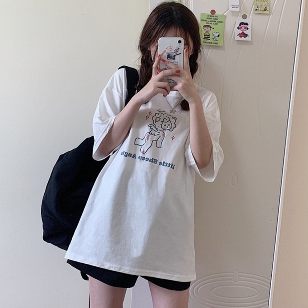 프론트 프린팅 루즈핏 캐주얼 여성 반팔 박스티 [WF0B800]