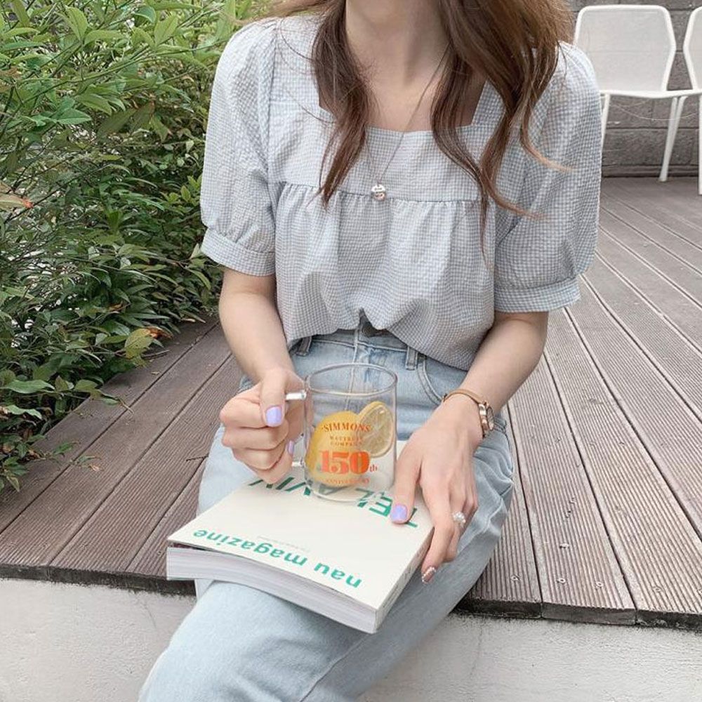 스퀘어넥 셔링 여자 반팔 셔츠 여름 티셔츠 캐주얼룩 [WF05E7E]