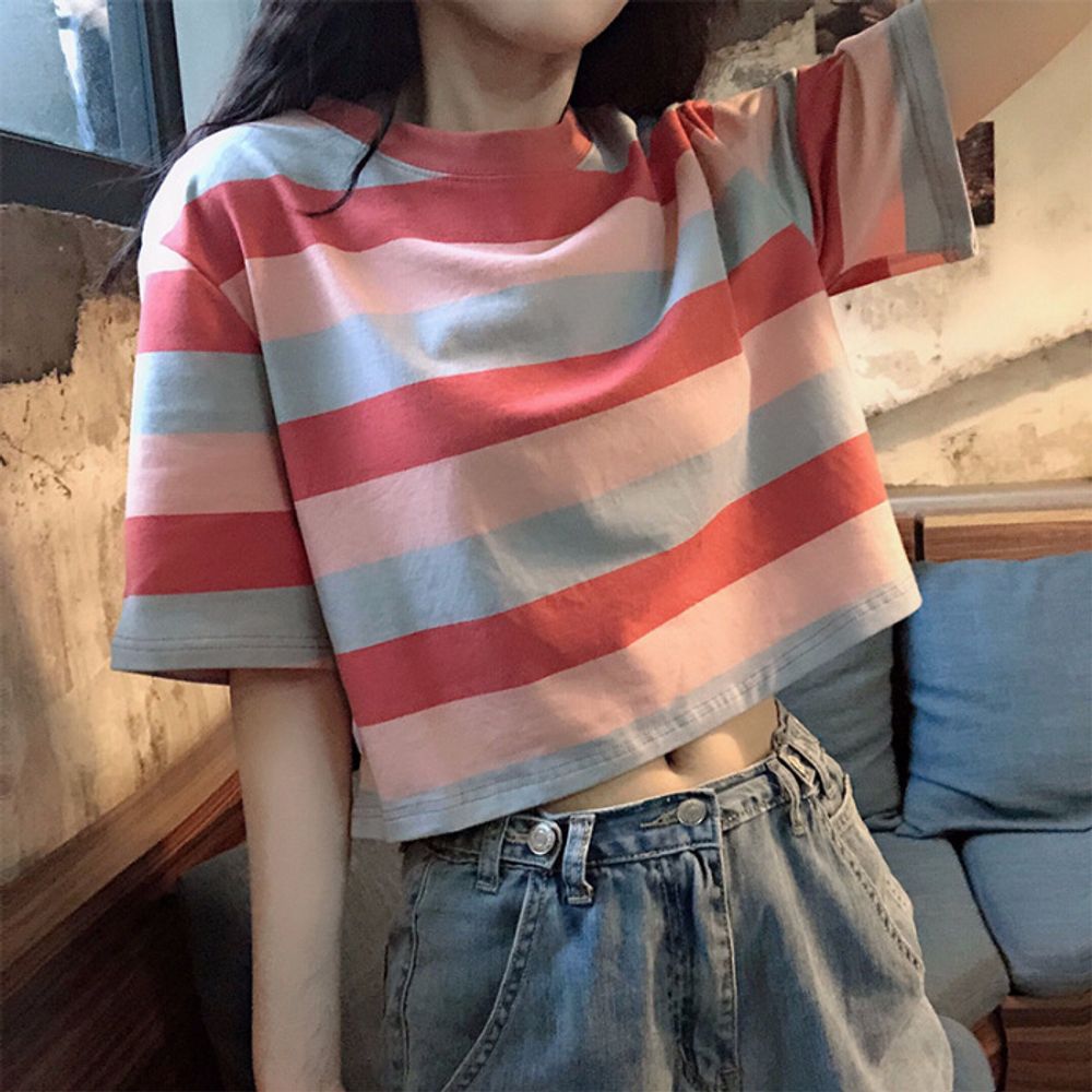 여성 데일리 배색 귀여운 크롭 반팔 티셔츠 [WE38E9F]