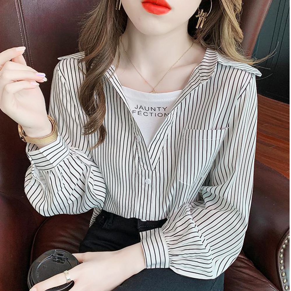 여자 데일리 스트라이프 레이어드 내장티 남방 셔츠 [WAE2505]