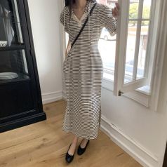 여자 캐주얼 와플 후드 퍼프소매 절개 롱 원피스