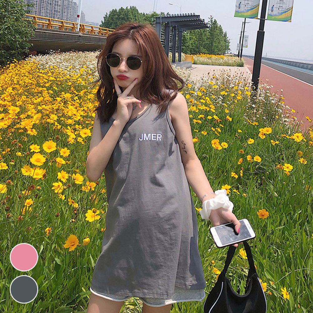 여른 여성 롱나시 힙커버 민소매 레터링박스티 시원한 [WF6157E]