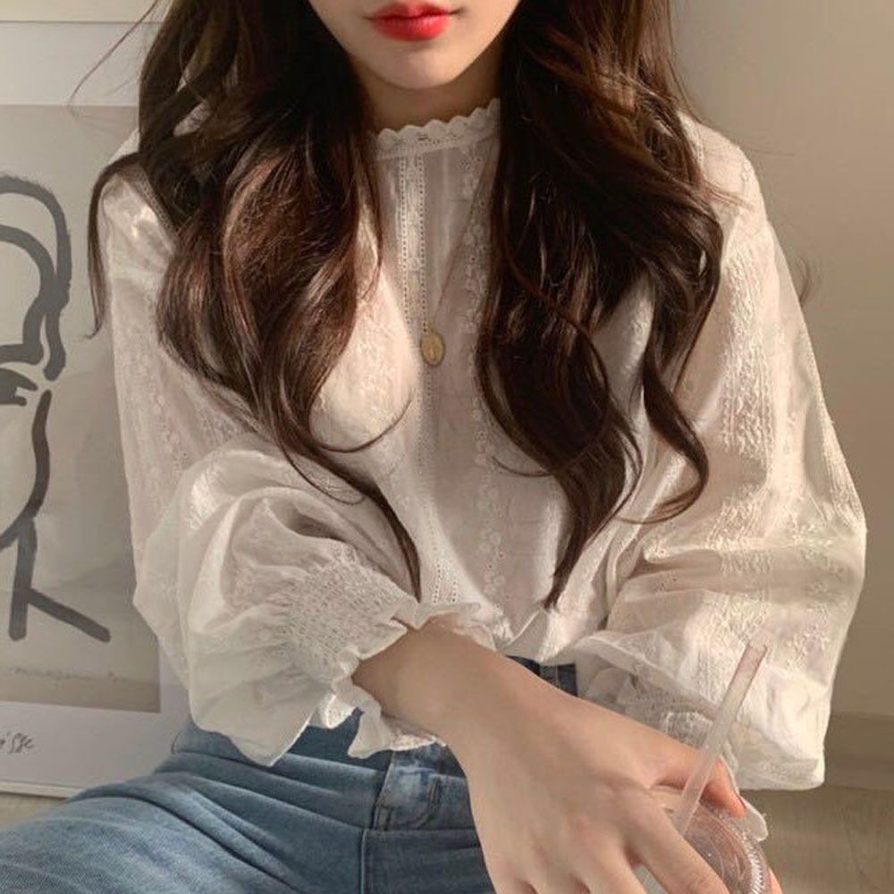 비침있는 예쁜 프릴 플리츠 소매 블라우스 페미닌 [WE97D74]