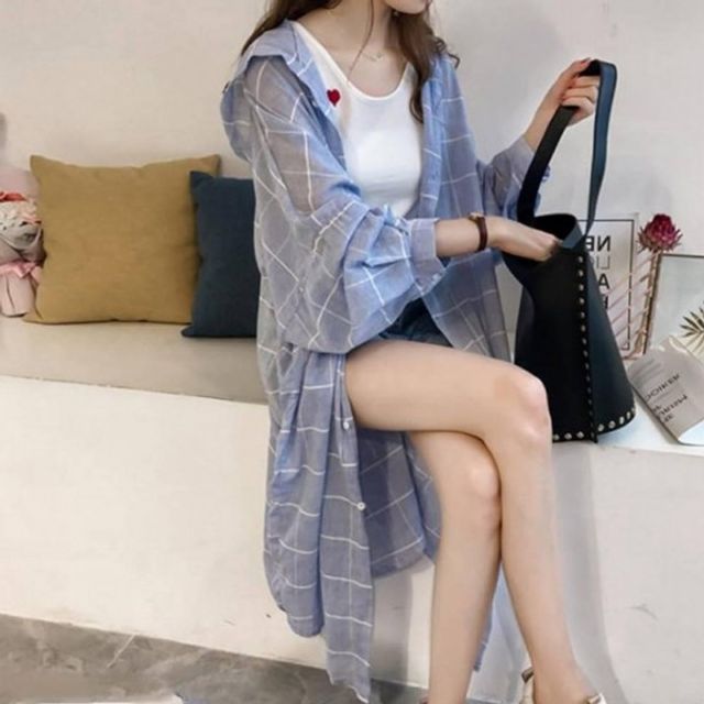 블라우스 롱기장 롱셔츠 롱남방 후드롱셔츠 셔츠 체크 [WD8A7BE]