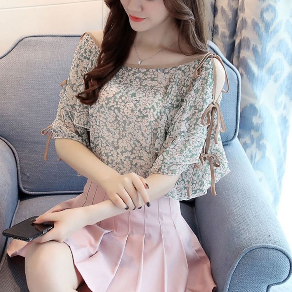 여성 여름 러플 소매 플라워 오프 숄더 요정 블라우스 [W674AF9]
