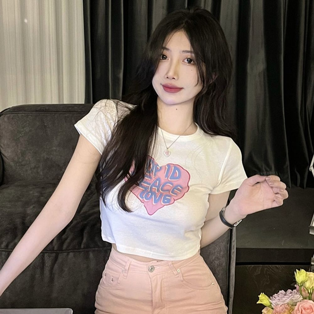하트 여성 크롭 반팔티 프린팅 여자 여름 반팔 티셔츠 [WEC6F2B]