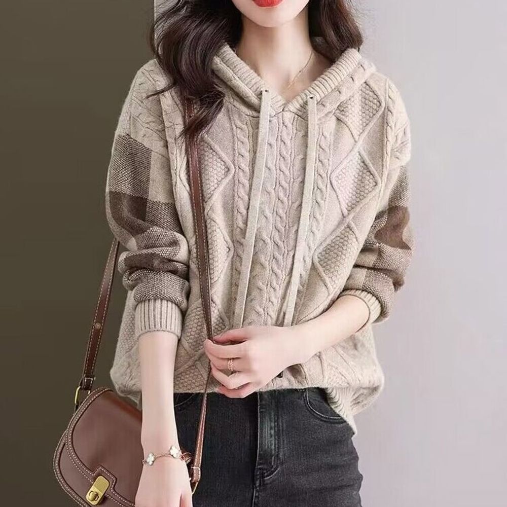 여성 소매 체크 배색 케이블짜임 후드 니트티 [WD79056]