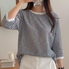 여자 코튼 베이직핏 칠부티 링거라운드 줄무늬 티셔츠