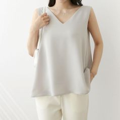 여자 슬리브리스 SS 부드러운 에이라인 무채색 양브이 블라우스