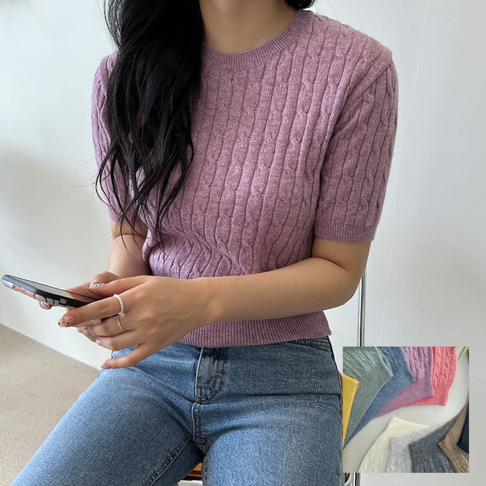 여자 라운드 꽈배기 세미크롭 반팔 니트티 캐쥬얼코디 [WB38E3D]