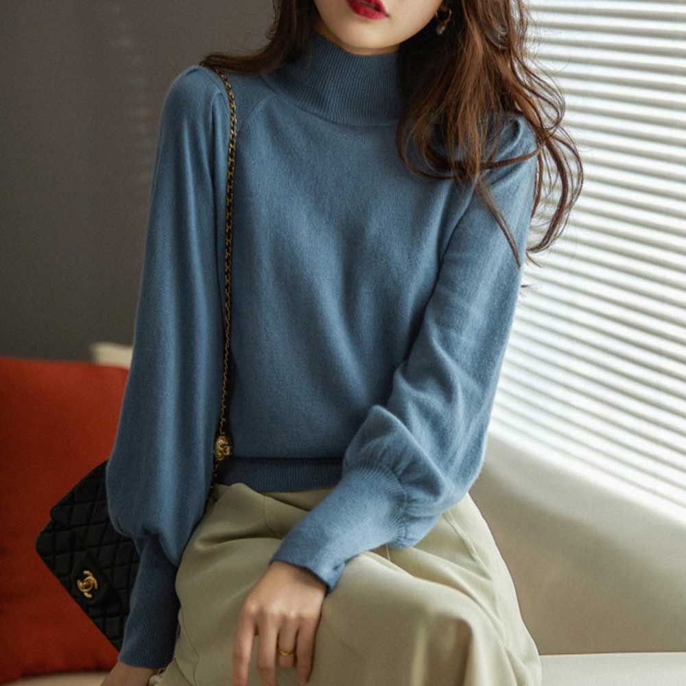 퍼프소매 하프 터틀넥 베이직컬러 여성 니트 스웨터 [WE61828]