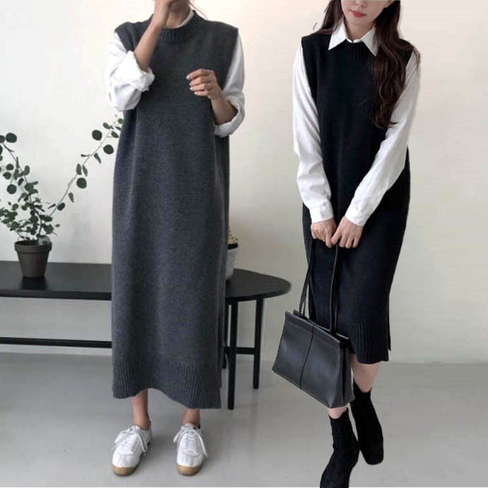 청순한 여자 무지 라운드넥 니트 롱 조끼 원피스 [WCE4F7B]