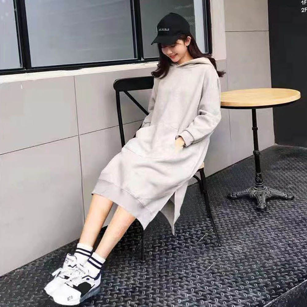 앞 포켓 포인트 롱후드 기모 원피스 데일리 캐주얼 [WCB46AB]