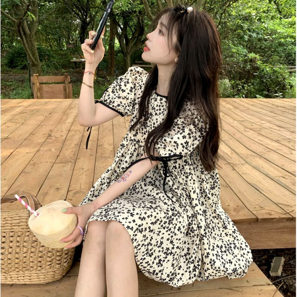 귀여운 여성 나들이 패션 플라워 패턴 미니 원피스 [WF52AA7]