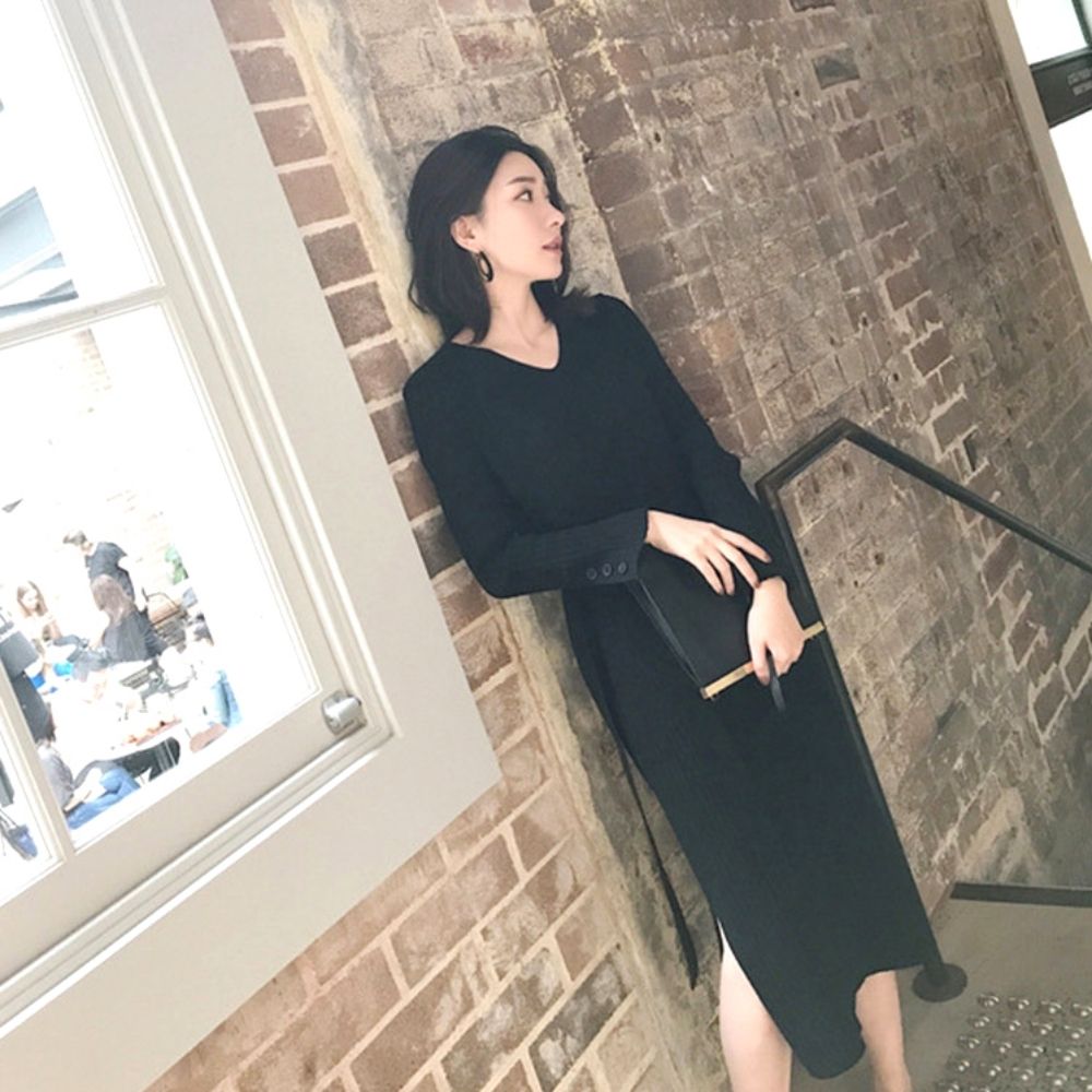여자 데일리 심플 슬림핏 긴팔 골지 니트 롱 원피스 [WAF197D]