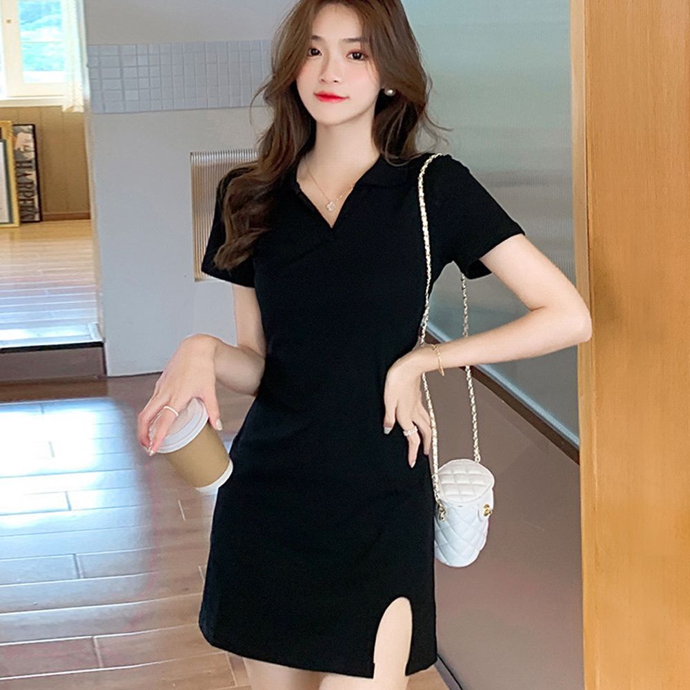 여성 밑단 트임 브이넥 카라 짧은 미니 블랙 원피스 [WC514A9]