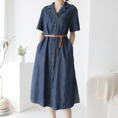 여자 데님롱셔츠 반소매 주머니 트임 벨트원피스 롱원피스