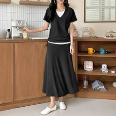 브이넥 스커트 SET 코디 투피스 빅사이즈여성 티셔츠 반팔 치마